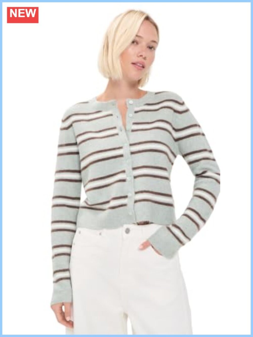 Z Supply Medina Stripe Cardigan Mid-Weight Knit Button Crew Neck Long Sleeve